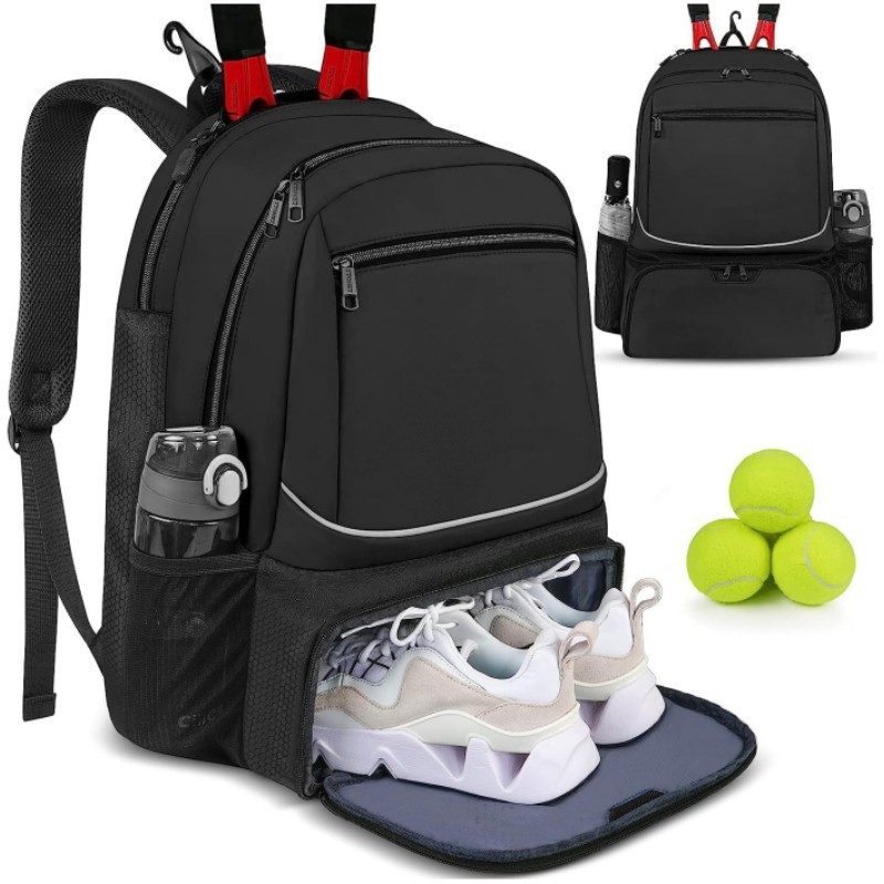 Badminton Bag - กระเป๋าเป้สะพายหลังเทนนิสความจุขนาดใหญ่ กระเป๋าใส่ไม้เทนนิสสำหรับใส่ไม้เทนนิส 1-2 อัน กระเป๋าแบดมินตันกลางแจ้งพร้อมช่องใส่รองเท้า สีดำชมพู