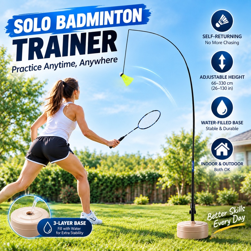 Badminton Shuttlecock - ชุดฝึกแบดมินตันแบบเดี่ยว ลูกขนไก่กลับอัตโนมัติ พร้อมเสาแบบยืดหยุ่น ฐานน้ำ สำหรับเด็กและผู้ใหญ่ ใช้ได้ทั้งในร่มและกลางแจ้ง